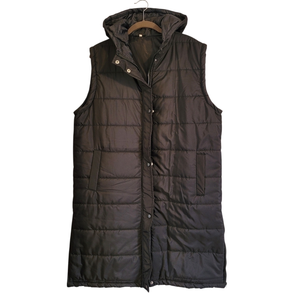 Black Sleeveless Hooded Puffer Longline Vest Coat Wmn 2XL Errands Travel Casual